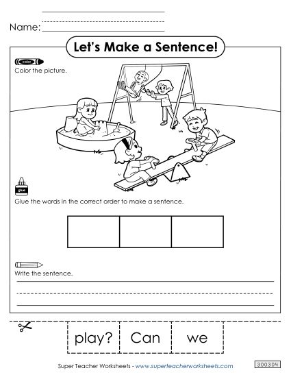 3 Word Sentences - Build a Sentence: Play (Printable PDF Worksheet)