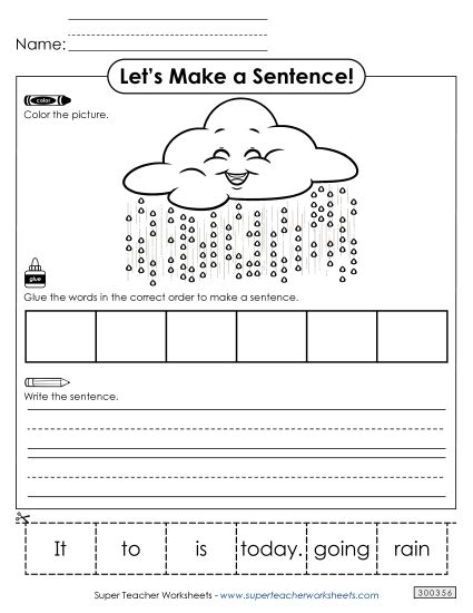 6 Word Sentences - Build a Sentence: Rain (Printable PDF Worksheet)
