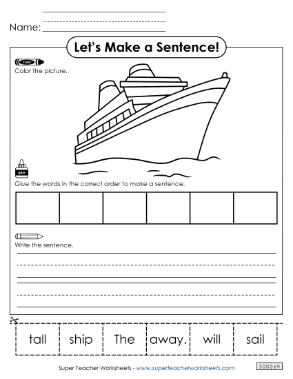 6 Word Sentences - Build a Sentence: Sail (Printable PDF Worksheet)