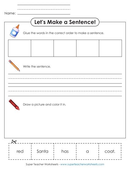 Cut-and-Glue Activities (Very Basic) - Build a Sentence: Santa (Printable PDF Worksheet)
