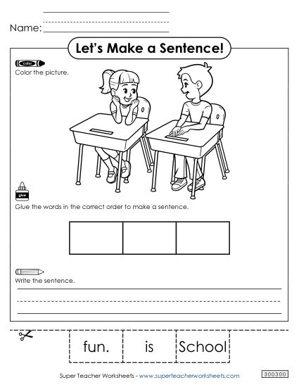 3 Word Sentences - Build a Sentence: School (Printable PDF Worksheet)
