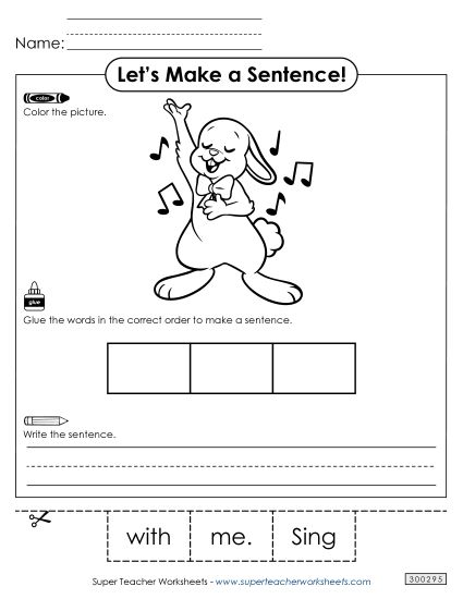 3 Word Sentences - Build a Sentence: Sing (Printable PDF Worksheet)