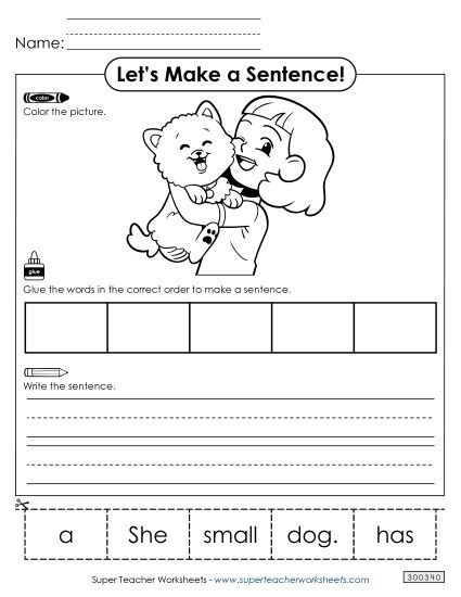 5 Word Sentences - Build a Sentence: Small Dog (Printable PDF Worksheet)