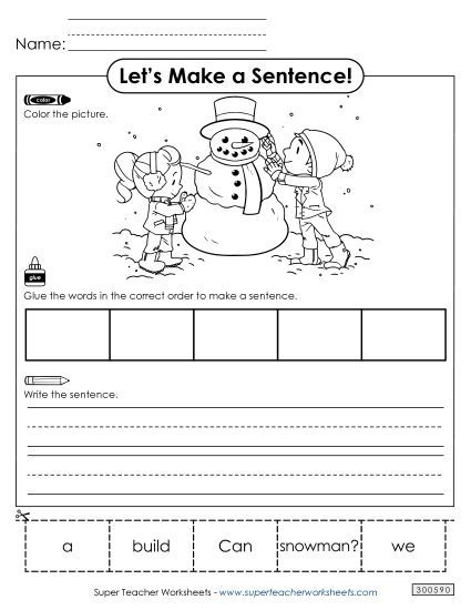 Build a Sentence (Very Basic) - Build a Sentence: Snowman (Printable PDF Worksheet)