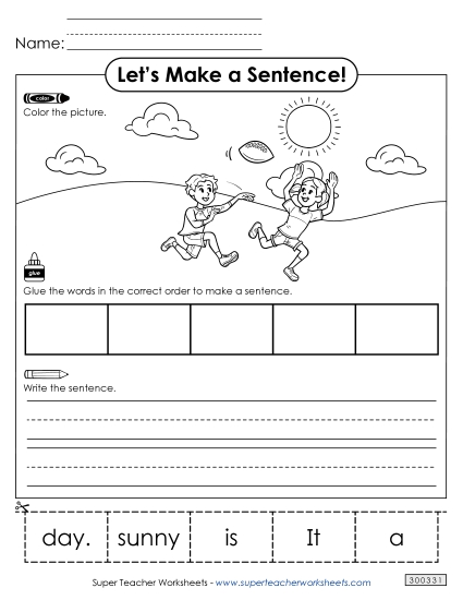 5 Word Sentences - Build a Sentence: Sunny Day (Printable PDF Worksheet)