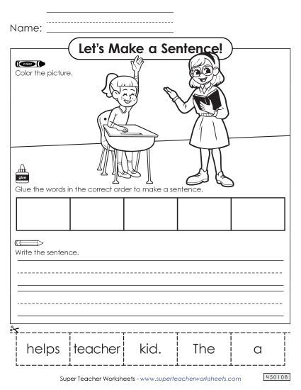 Building Sentences (Cut & Glue) - Build a Sentence: Teacher (Printable PDF Worksheet)