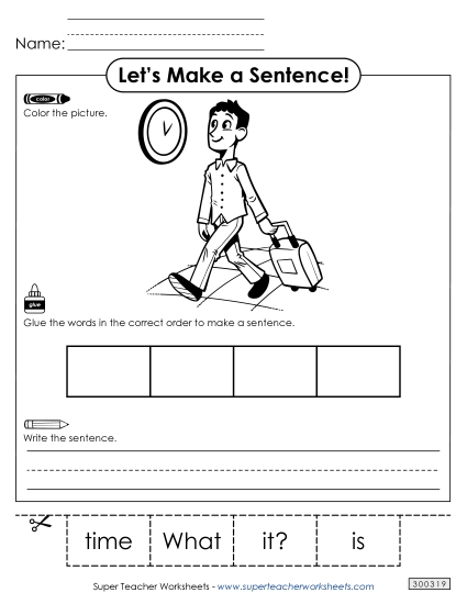 4 Word Sentences - Build a Sentence: Time (Printable PDF Worksheet)