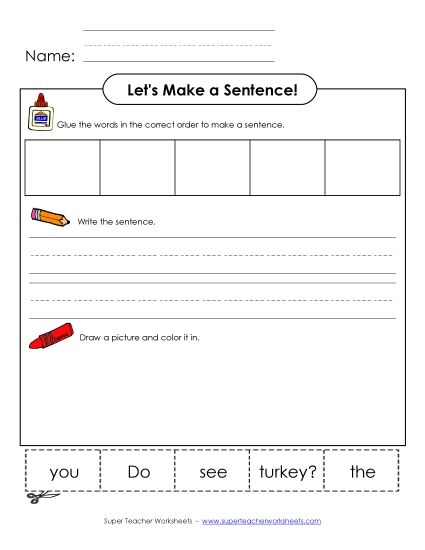 Early Literacy (Very Basic) - Build-a-Sentence: Turkey (Printable PDF Worksheet)