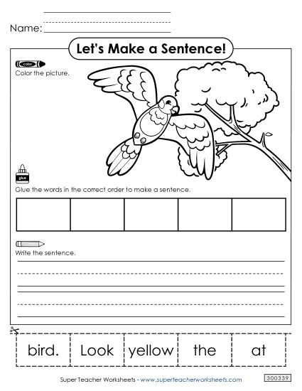 5 Word Sentences - Build a Sentence: Yellow Bird (Printable PDF Worksheet)