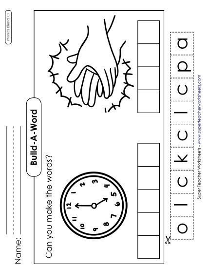 Cut and Glue Activities - Build-a-Word #1: Clock and Clap (Printable PDF Worksheet)
