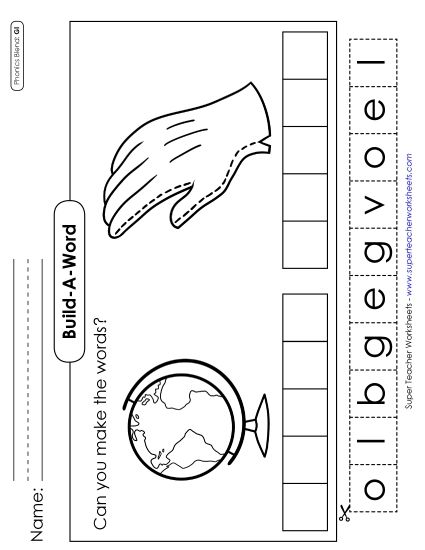 Cut and Glue Activities - Build-a-Word #1: Globe and Glove (Printable PDF Worksheet)