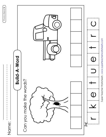 Cut and Glue Activities - Build-a-Word #1: Tree and Truck (Printable PDF Worksheet)