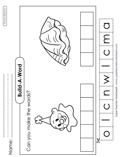 Cut and Glue Activities - Build-a-Word #2: Clown and Clam (Printable PDF Worksheet)
