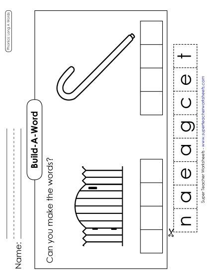 Cut & Glue Activities - Build-a-Word #3: Gate and Cane (Printable PDF Worksheet)
