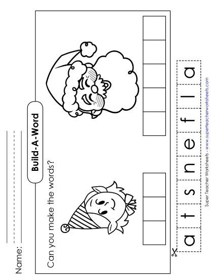 Cut-and-Glue Activities (Very Basic) - Build-a-Word: Elf & Santa (Printable PDF Worksheet)