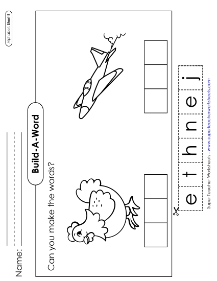 Cut & Glue Activities - Build-a-Word: Hen & Jet (Printable PDF Worksheet)