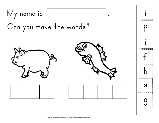Cut & Glue Activities - Build-a-Word: Pig & Fish (Printable PDF Worksheet)