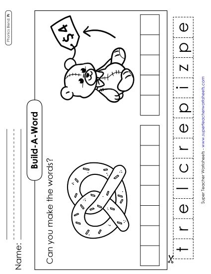 Cut and Glue Activities - Build-a-Word: Pretzel and Price (Printable PDF Worksheet)