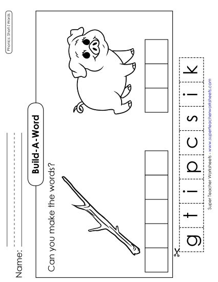Cut & Glue Activities - Build-a-Word: Stick and Pig (Printable PDF Worksheet)