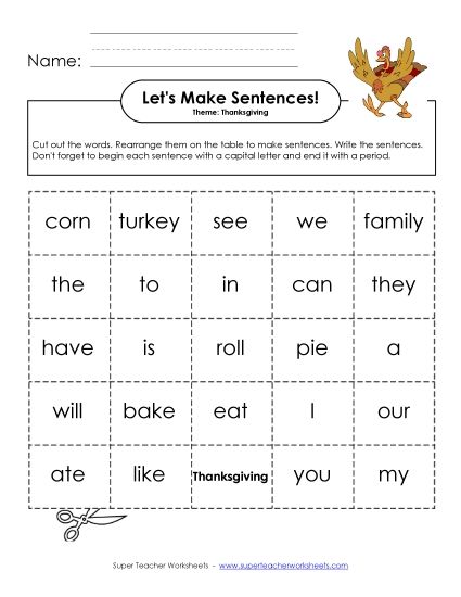 Early Literacy (Very Basic) - Build Sentences: Thanksgiving (Printable PDF Worksheet)