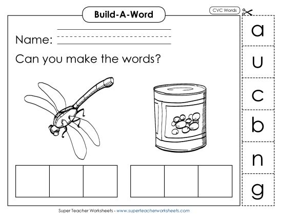 Build Words (Cut-and-Glue Activities) - Build Words: Bug and Can (Printable PDF Worksheet)