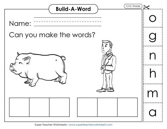 Build Words (Cut-and-Glue Activities) - Build Words: Hog and Man (Printable PDF Worksheet)