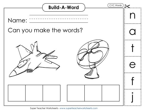 Build Words (Cut-and-Glue Activities) - Build Words: Jet and Fan (Printable PDF Worksheet)