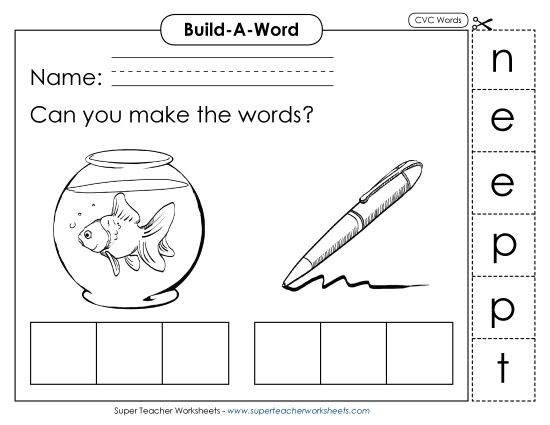 Build Words (Cut-and-Glue Activities) - Build Words: Pet and Pen (Printable PDF Worksheet)