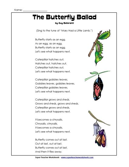 2nd Grade Poems - Butterfly Ballad (Printable PDF Worksheet)