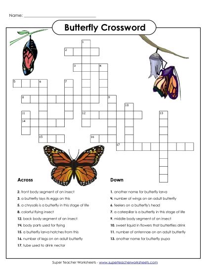 Puzzles - Butterfly Crossword (Intermediate) (Printable PDF Worksheet)