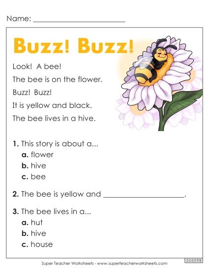 Passages with Basic Reading Comprehension Questions - Buzz! Buzz! (Printable PDF Worksheet)