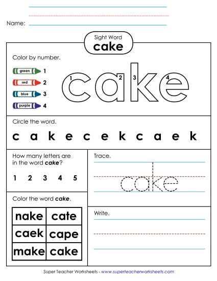 Individual Sight Words - Cake (Sight Word) (Printable PDF Worksheet)