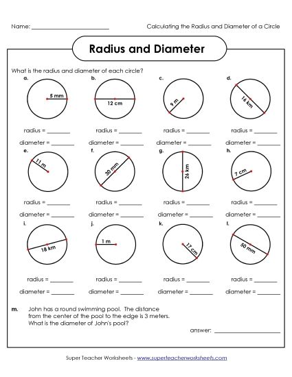 Radius and Diameter (Basic) - Calculate Radius & Diameter of Circles (Printable PDF Worksheet)