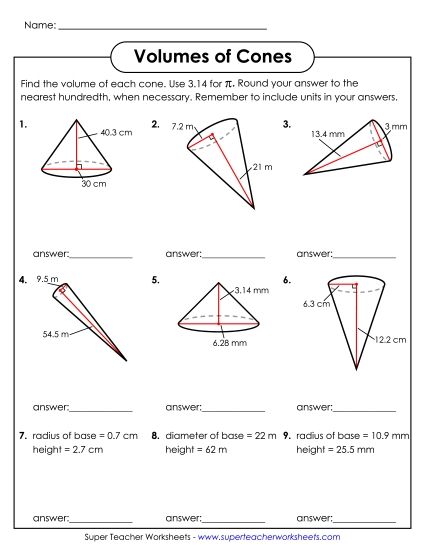 Level: Advanced - Calculate the Volumes of Cones (Advanced) (Printable PDF Worksheet)