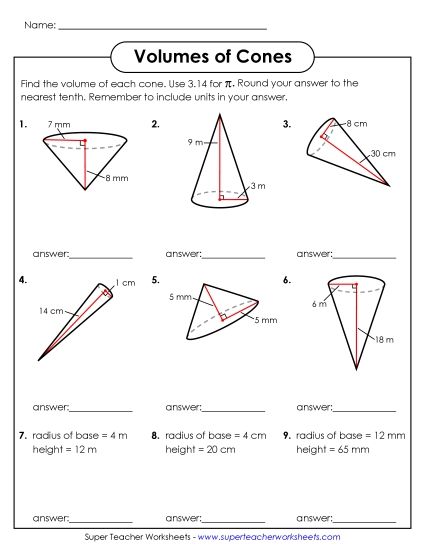 Level: Basic - Calculate the Volumes of Cones (Basic) (Printable PDF Worksheet)