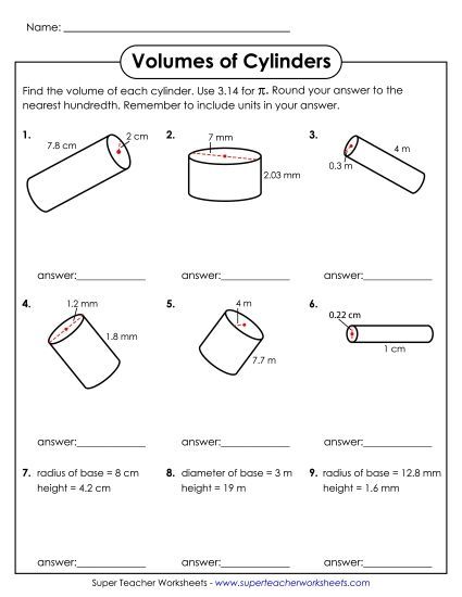 Level : Advanced - Calculate Volumes of Cylinders (Advanced) (Printable PDF Worksheet)