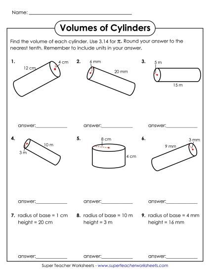 Level: Basic - Calculate Volumes of Cylinders (Basic) (Printable PDF Worksheet)