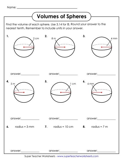 Level: Basic - Calculate Volumes of Spheres (Printable PDF Worksheet)