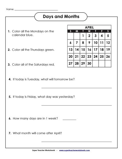 Calendars (Basic) - Calendar Questions (Basic) (Printable PDF Worksheet)