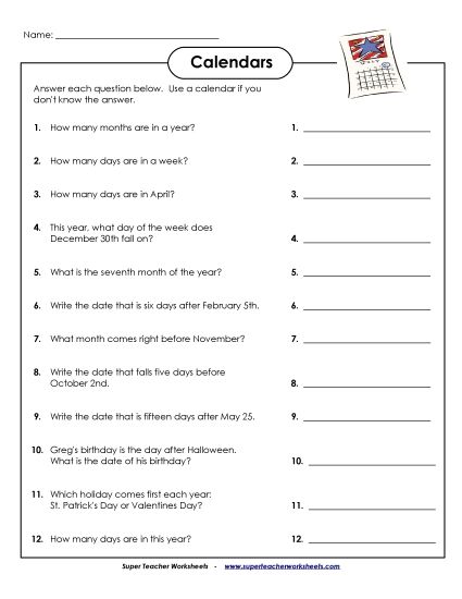 Calendars (Intermediate) - Calendars (Intermediate) (Printable PDF Worksheet)