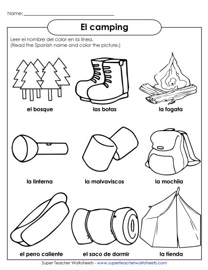 Camping (El camping) - Camping Pictures (Printable PDF Worksheet)