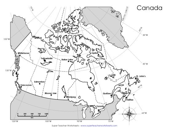 Latitude and Longitude - Canada Latitude and Longitude (Printable PDF Worksheet)