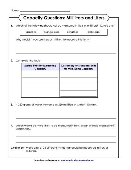 Capacity Questions: Liters and Milliliters (Printable PDF Worksheet)