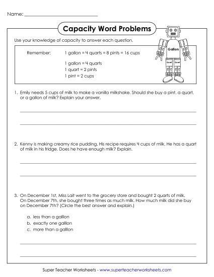 Capacity Word Problems (Printable PDF Worksheet)