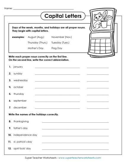 Intermediate Level - Capitalizing Days and Holidays (Printable PDF Worksheet)