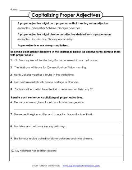 Advanced Level  - Capitalizing Proper Adjectives  (Printable PDF Worksheet)