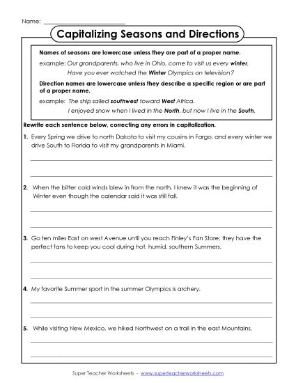Advanced Level  - Capitalizing Seasons and Directions  (Printable PDF Worksheet)