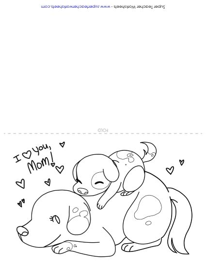 Cards for Moms - Card: Mom and Child Dog (Printable PDF Worksheet)