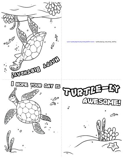 Birthday Cards - Card: Sea Turtle (B&W) (Printable PDF Worksheet)