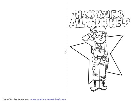 Cards for Veterans and Active Soldiers - Card: Thanks for All Your Help (Printable PDF Worksheet)